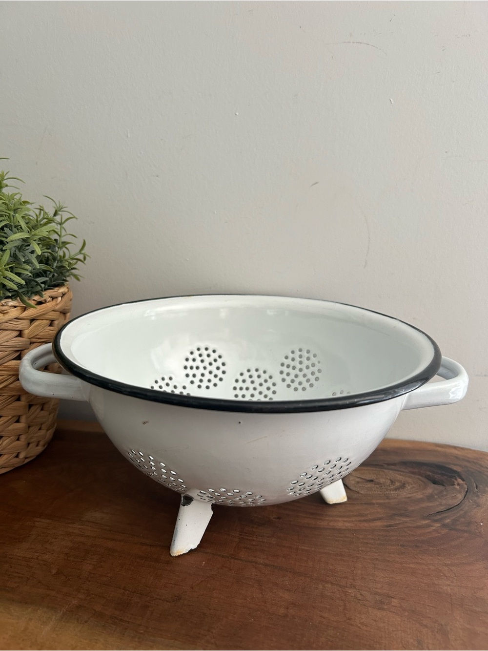 White Enamel Colander Strainer  with Black Rim & Handles Farmhouse